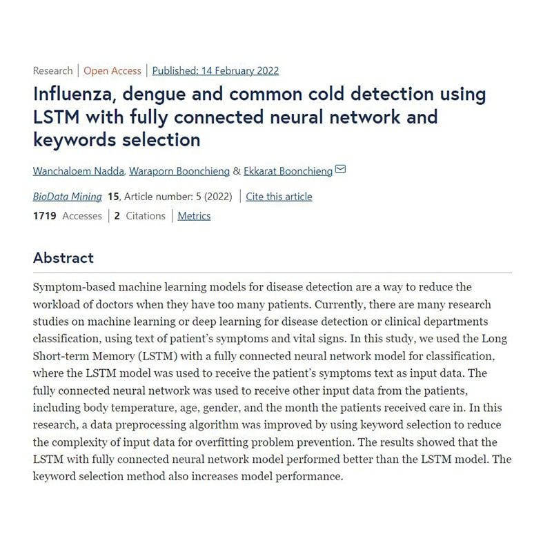 Extract of the artcle about Influenza, dengue and comon cold detection using LSTM